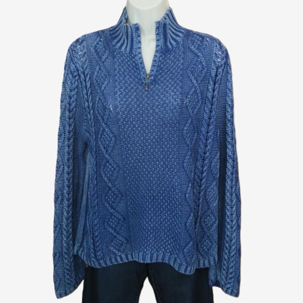 PBJ Blues Denim Blue Sweater ¼ Zip Cable Knit Long Sleeve Medium